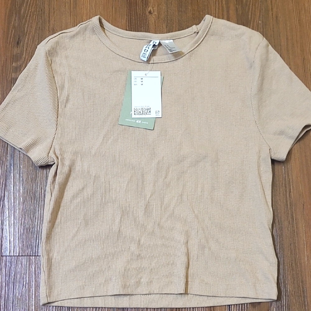 H&M Tan Ribbed Short Sleeve Top NEW